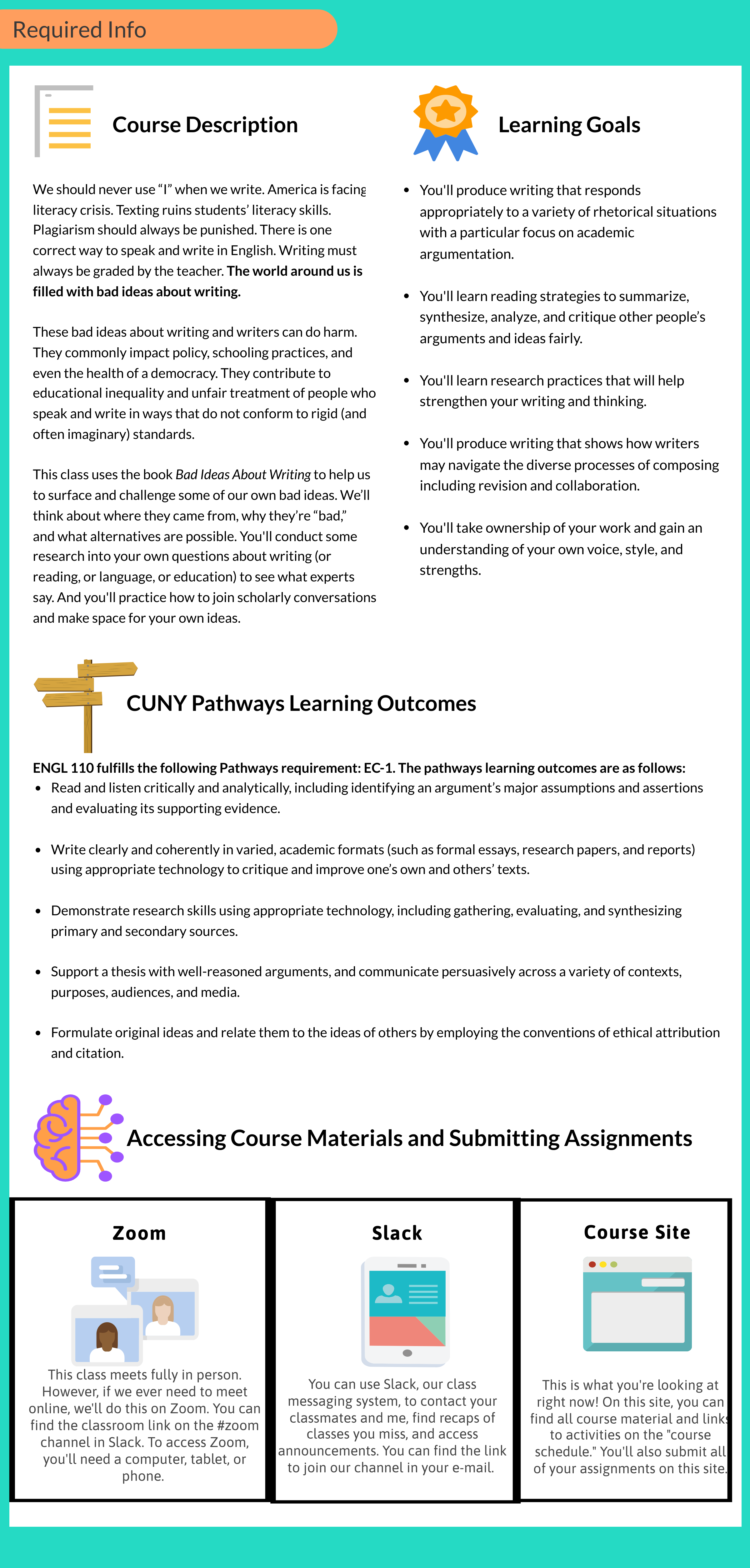 Learning goals, the course description, CUNY Pathways learning outcomes, and information on how to access course materials and submit assignments. 
