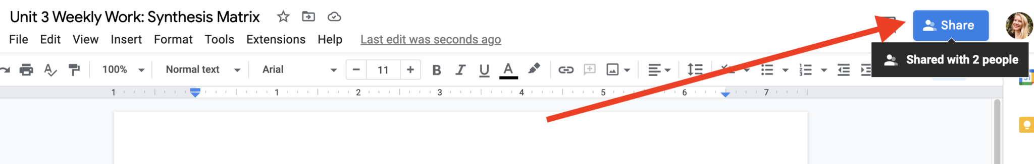 Google Docs screen with a red arrow pointing to the "share" button at the top right-hand corner of the screen 